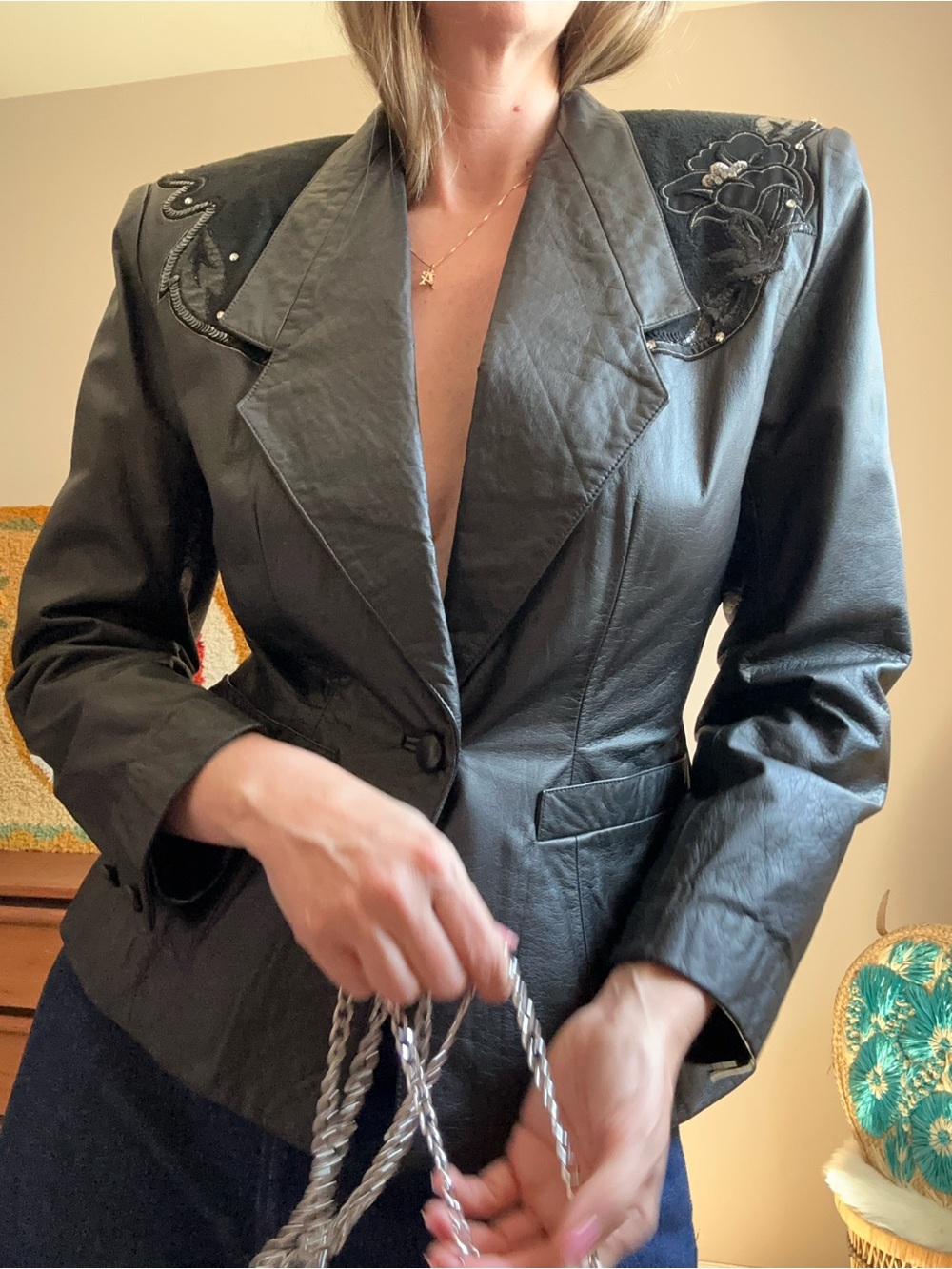 Vintage Western Black Embroidered Leather Blazer Jacket